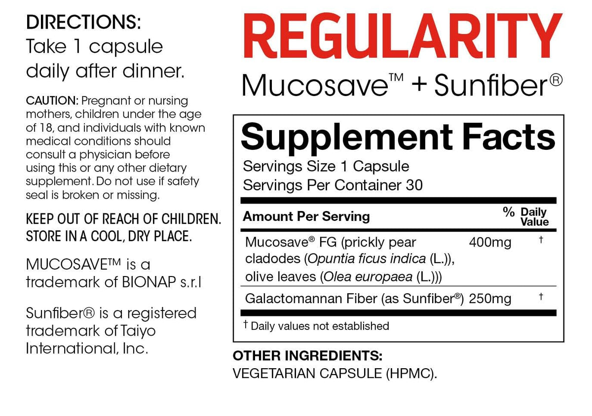 Silver Fern Regularity Digestive Supplement Capsules Brand - 1 Bottle = 30 Capsules = 30 Day Supply - Mucosave FG (Prickly Pear Polysaccharides & Olive Leaf Polyphenols) & SunFiber Silver FernBuy Supplements Australia