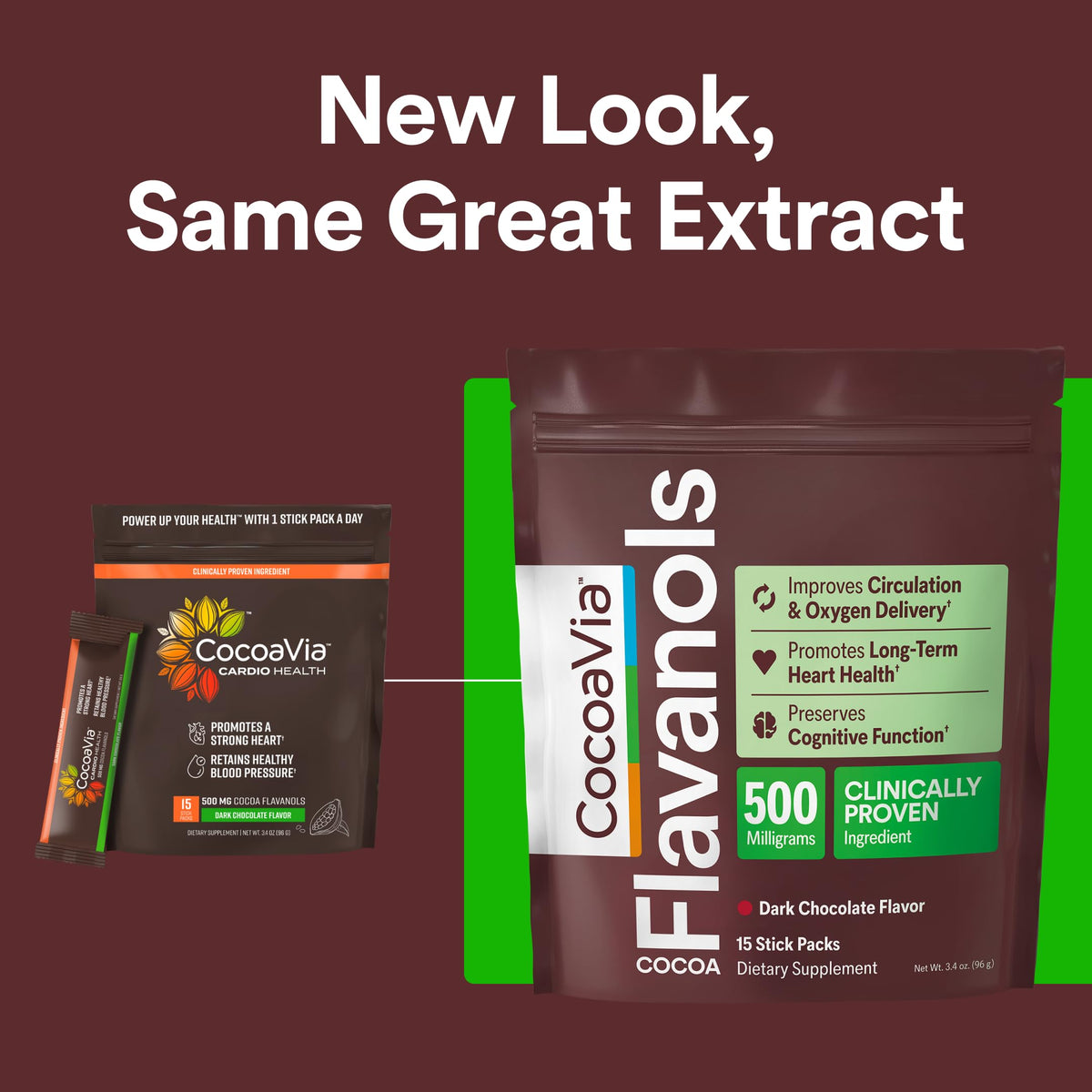 CocoaVia Cocoa Flavanols 500mg, High Flavanol Cocoa Powder, Support Heart and Brain Health, Boosts Nitric Oxide, Circulation, Preworkout, Travel-Friendly, Vegan, Dark Chocolate, 15 Single Serve Sticks