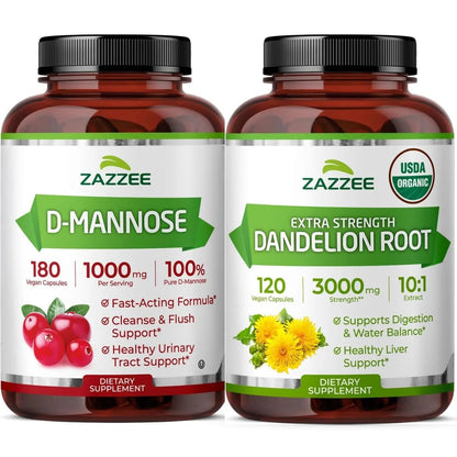 Zazzee Urinary Tract Cleanse & Detox Bundle | USDA Organic Dandelion Root Extract Capsules Plus D-Mannose 1000mg Capsules for UT & Bladder Cleansing ZazzeeBuy Supplements Australia