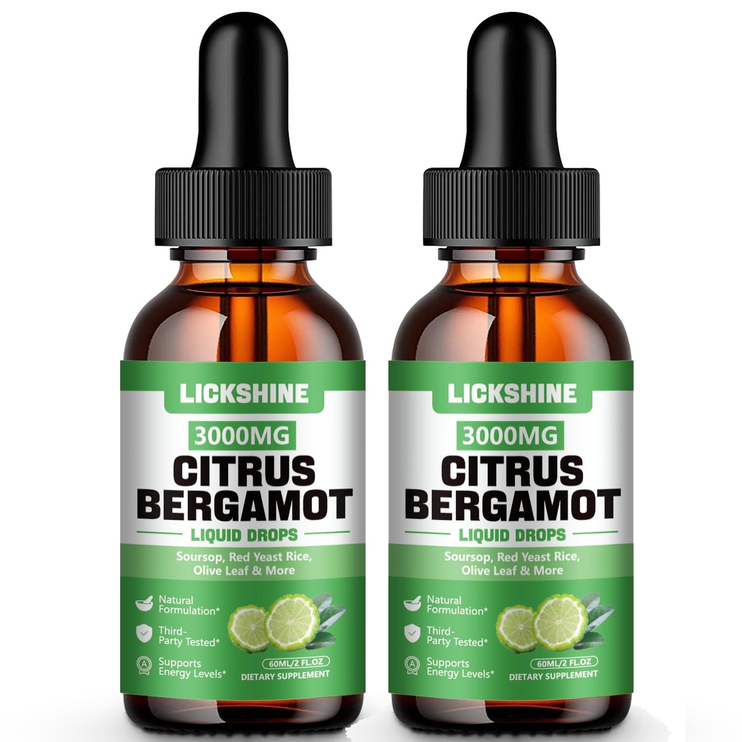 lickshine 2 Pack 3000mg Citrus Bergamot Liquid Drops - High Absorption - Cholesterol Lowering Supplement for Immune Support Anti-Aging,