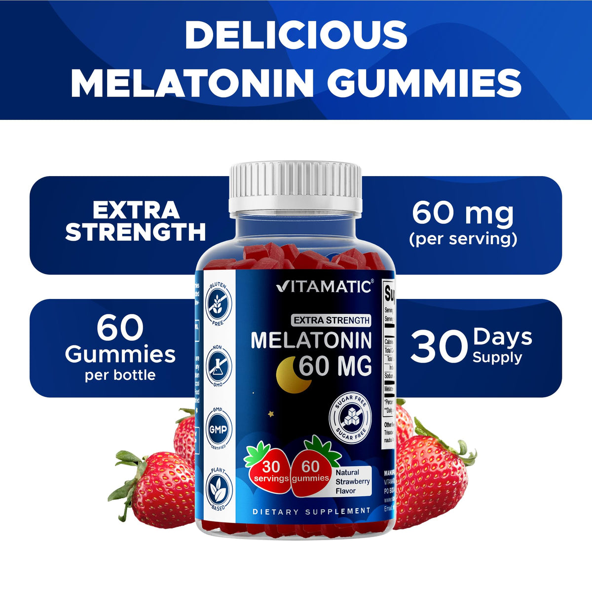 Vitamatic Sugar Free Melatonin 60 mg - 60 Vegetarian Gummies - Non-Habit Forming Supplement