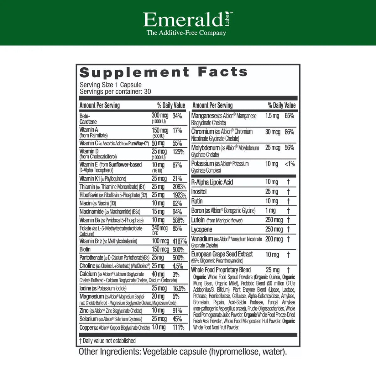 EMERALD LABS Complete 1-Daily Multi - Complete Multivitamin for Men & Women with Vitamin C, Methylated Folate, Whole-Food Blend EMERALD LABS