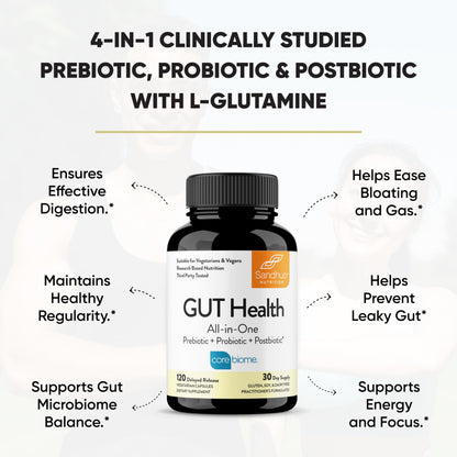 Sandhu's Gut Health - Prebiotic, Probiotic, Postbiotic & L-Glutamine | Digestive Health, Colon, Probiotic Total Supplements | 120 Delayed Release Capsules