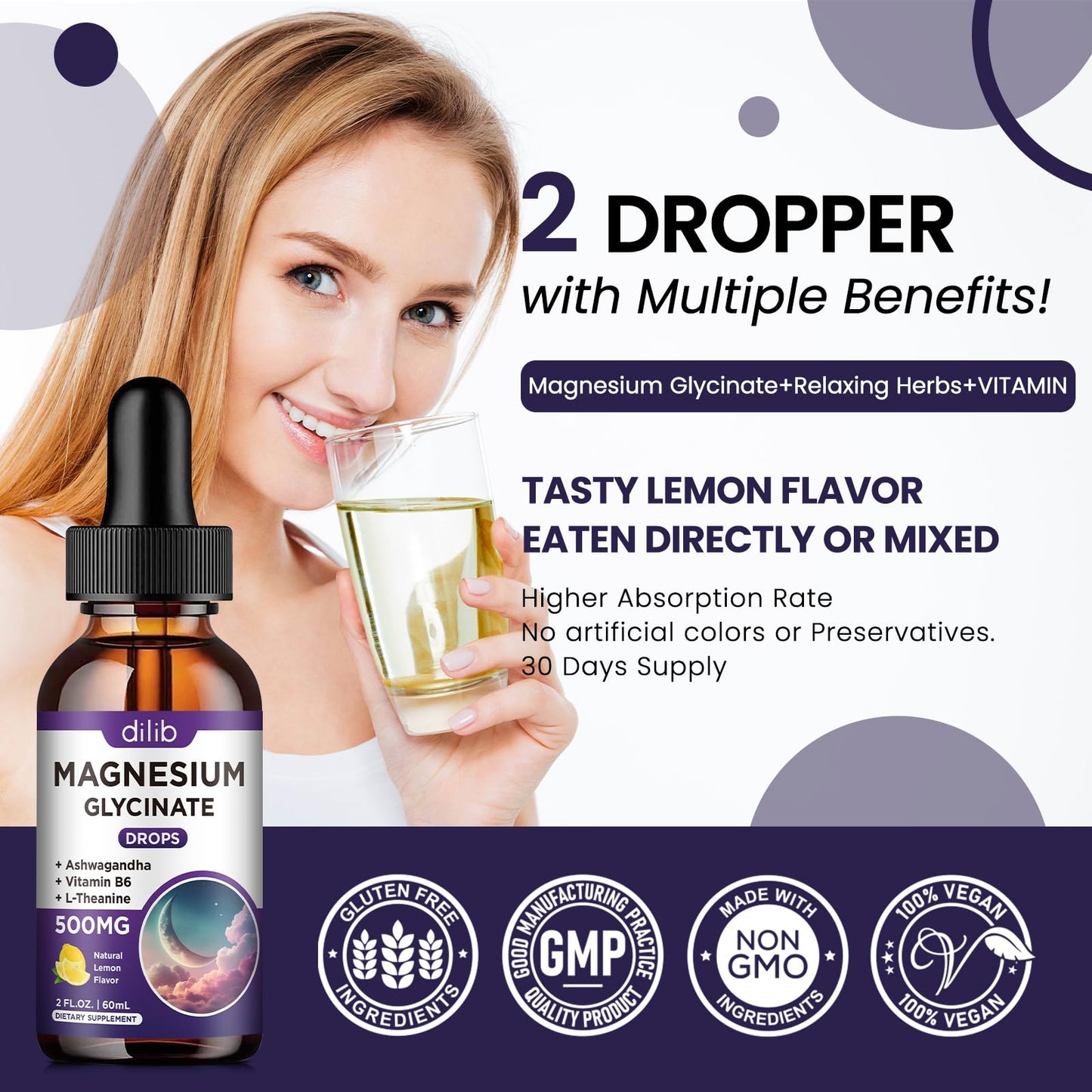 Magnesium Glycinate Supplement, Magnesium Liquid Drops with Magnesium Glycinate 500mg Vitamin B6, Ashwagandha, L - Theanine, Chamomile -Support Stress Relief, Bone, Muscle, Mood Vegan dilibBuy Supplements Australia