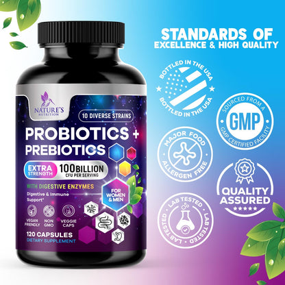 Probiotics 100 Billion CFU Per Serving - 10 Premium Strains + Prebiotics - Best Probiotic Supplement for Women & Men - Supports Immune, Digestive Health,
