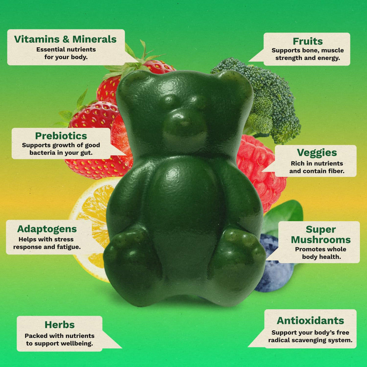 Gruns Adult Super Greens Multivitamin Gummies, Superfood Gummy Vitamins for Women and Men with Spirulina, Chlorella, Adaptogens & Prebiotic Fiber for Digestive Health (28 Count) GrünsBuy Supplements Australia