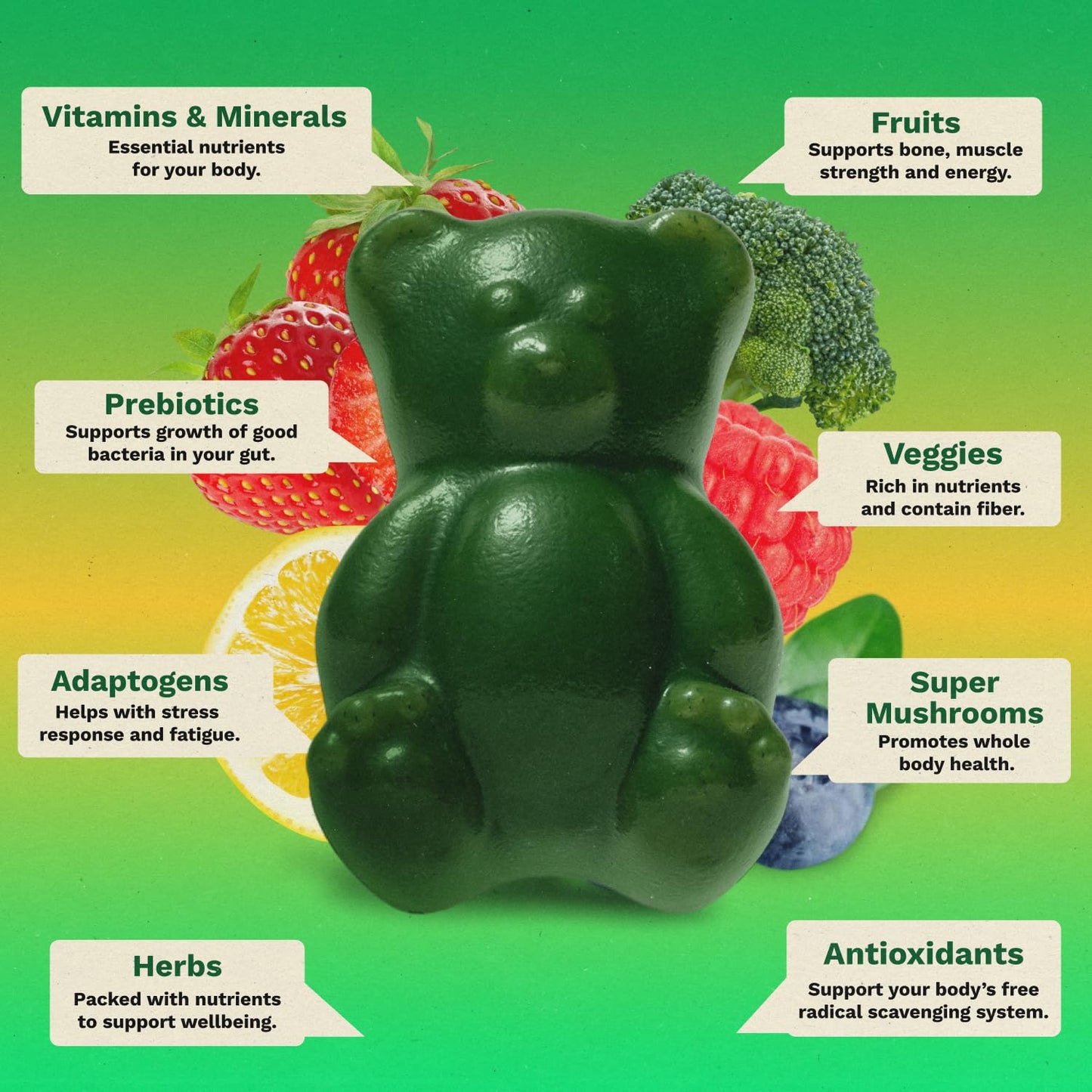 Gruns Adults Super Greens Gummies, Multivitamin Superfood Gummy Bears, Spirulina, Chlorella, Prebiotics & Fiber Gummies for Digestive Health, Adaptogens Supplement, 20 Vitamins & Minerals, 10 Count Grüns buy supplements Au