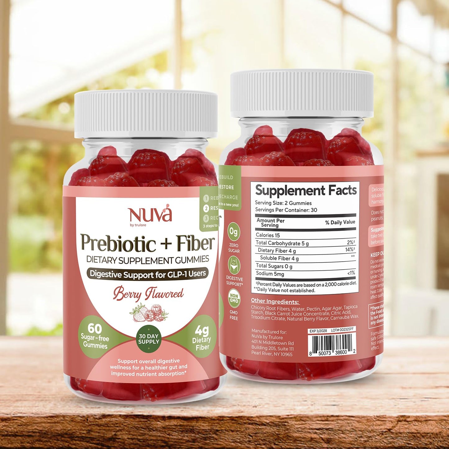 NuVa by Trulore Prebiotic + Fiber Gummies |  User Nutritional Support | Sugar Free Fiber Gummies for Adults | Berry Flavor | Non-GMO Digestive Balance for Men & Women | 60 Gummies - 30 day Supply