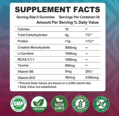 Creatine Monohydrate 8000mg Gummies with BCAA, L-Carnitine, Taurine & Vitamin B12 - Pre Workout Supplement for Muscle Growth, Strength & Energy, Multi-Flavor Chewable Gummies,