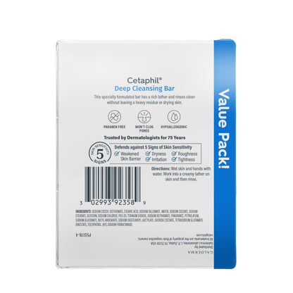 Cetaphil Bar Soap, Deep Cleansing Face and Body Bar, Pack of 3, For Dry to Normal, Sensitive Skin, Soap Free, Hypoallergenic, Paraben Free