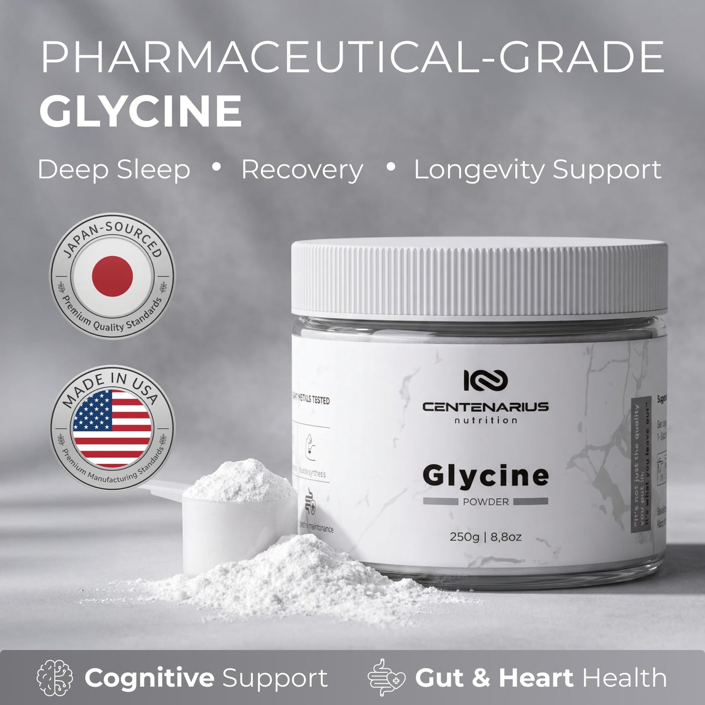 Premium Glycine Powder 250g | Amino Acids Supplement for Post Workout Muscle Recovery, Digestion, Sleep Aid + More - Vegan, Additive-Free