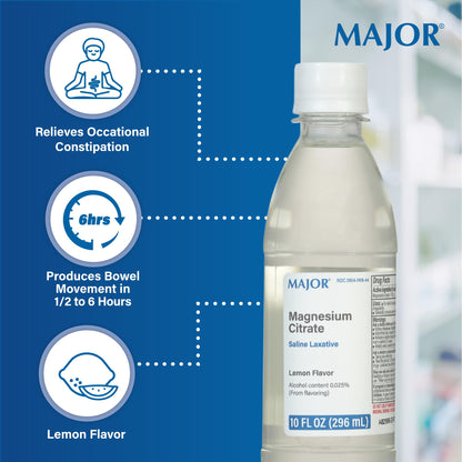 Major Magnesium Citrate Saline Laxative - Helps Relieve Occasional Constipation (Irregularity) - Lemon Flavor - 10 Fl. Oz. (1 Pack)
