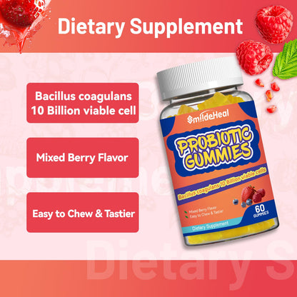 Probiotic Gummies for Digestive Health - 10 Billion CFU Bacillus Coagulans - Vegan & Non-GMO - Immune & Digestive Support for Men & Women - Strawberry & Mixed Berry Flavor