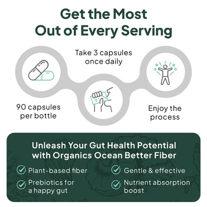 Organics Ocean Better Fiber - Daily Fiber Supplement - Soften Stool for Effortless Bowel Movements - with Psyllium Hulk and Slippery Elm - 90 Capsules