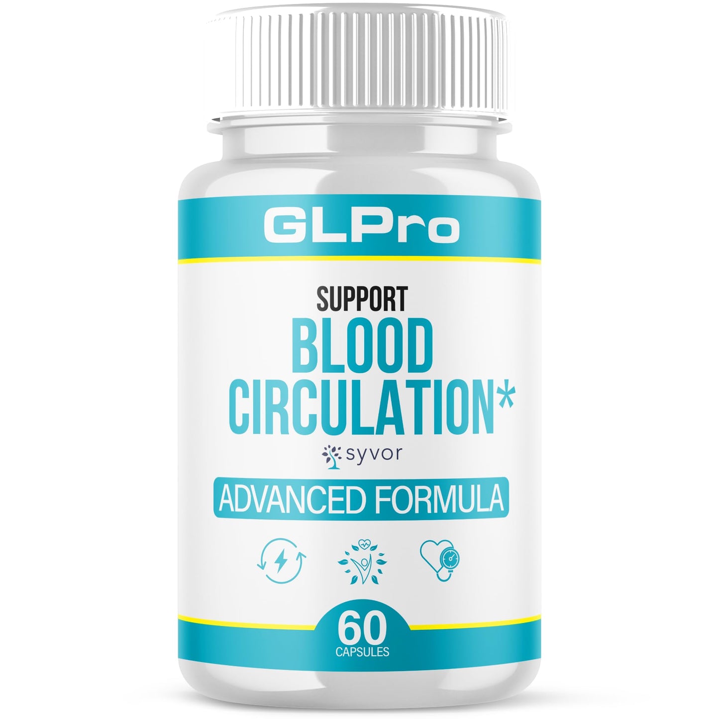 GLPro supplement bottle for blood circulation support on a white background