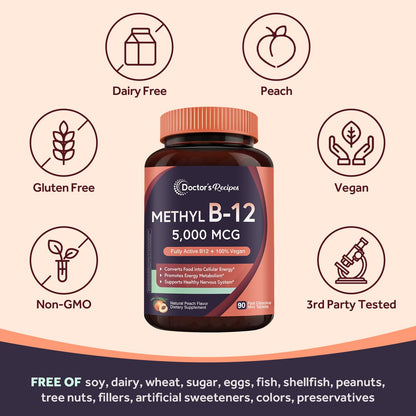 Doctor's Recipes Vitamin B12, Methylcobalamin 5000 mcg 90 Fast Dissolve Tablets, Natural Peach Flavor, Vegan Methyl, Energy Metabolism & Nervous System
