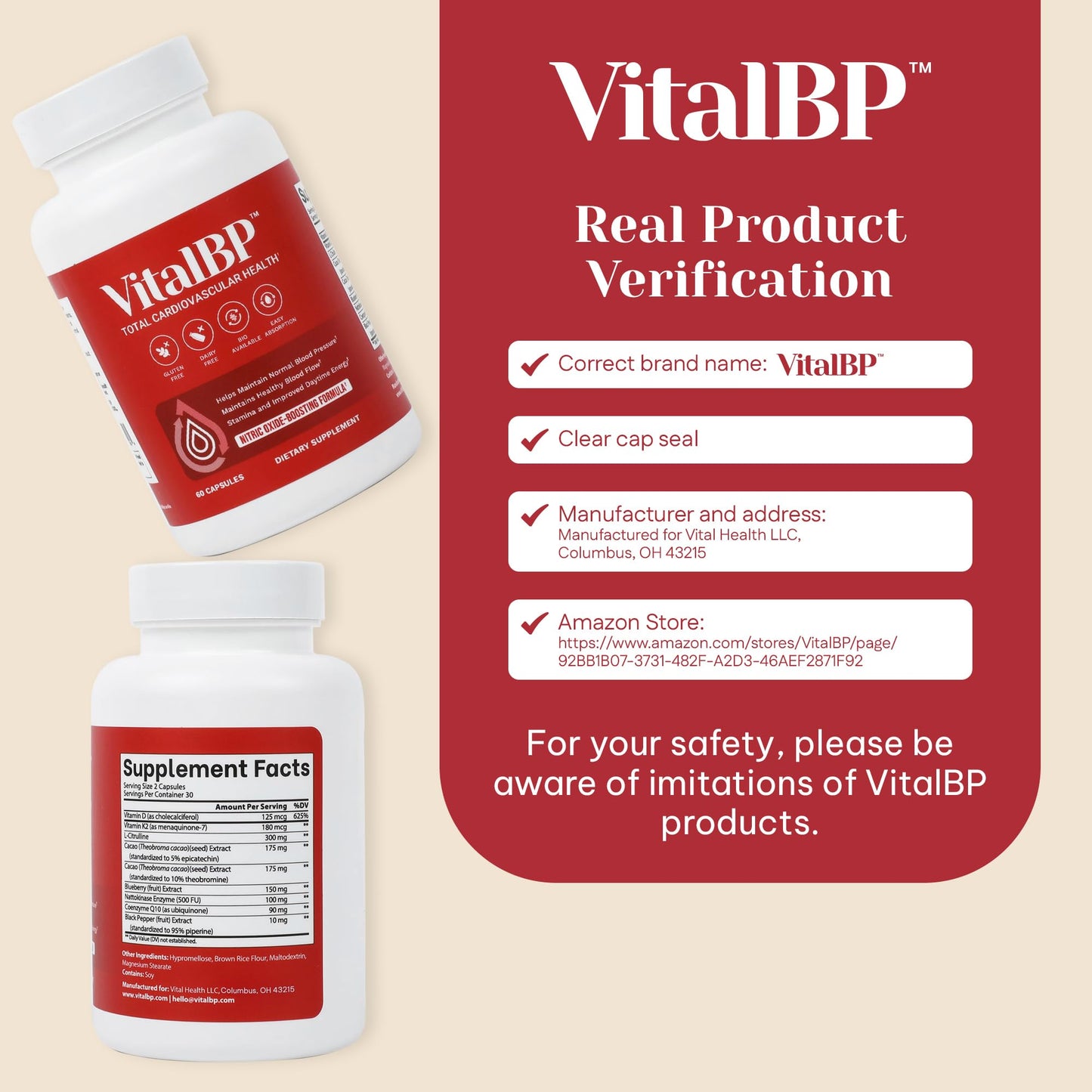 Vital BP - Support for Normal Blood Pressure - Supports Blood Flow & Arteries - with CoQ10, L-Citrulline, and K2 & D3-60 Capsules VitalBPBuy Supplements Australia