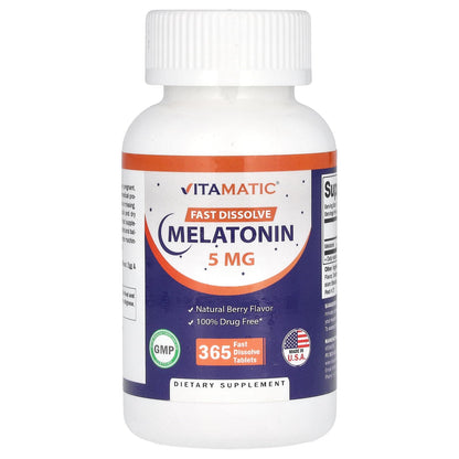 Vitamatic Melatonin 5 mg Tablets | Vegetarian, Non-GMO, Gluten Free | 1 Year Supply | Natural Berry Flavor - 365 Tablets