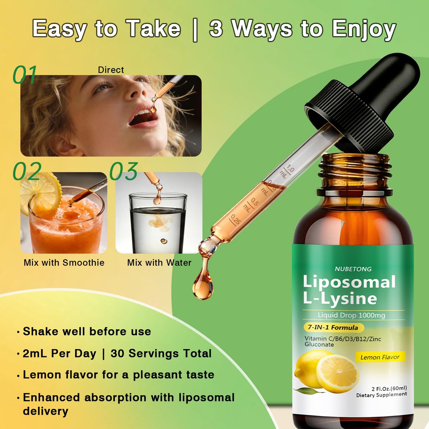 Liposomal L-Lysine 1000mg Liquid Drops, 7-in-1 Lysine Supplement for Adults with Vitamin C/B6/D3/B12 & Zinc Gluconate, Immune Support, Collagen Synthesis & Skin Lip Health, Lemon Flavor, 2 Fl Oz