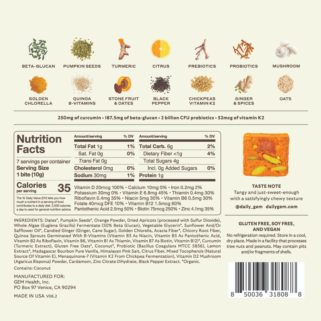 GEM Daily Bite for Women & Men, with 20+ Vitamins, Minerals, & Superfoods Like Zinc, Vitamin D, B-Complex, K, Turmeric, Fiber & Prebiotics, Beta Glucan GLP-1 Support & Immunity (Citrus Ginger,7 count) GEMBuy Supplements Australia