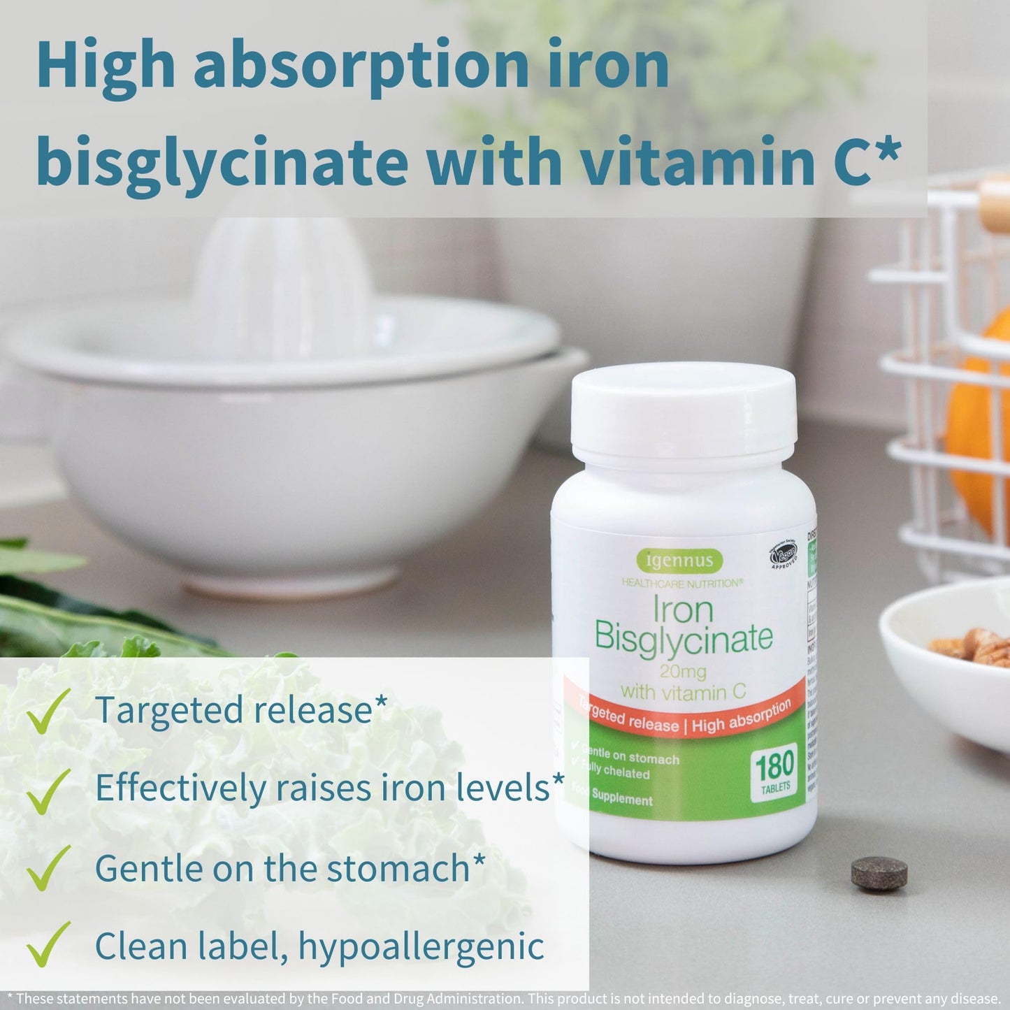 Igennus Clean Iron Bisglycinate 20mg, Vitamin C, 6 Month Supply, Gentle Chelated High Absorption Formula & Targeted Release Ferrous Bisglycinate
