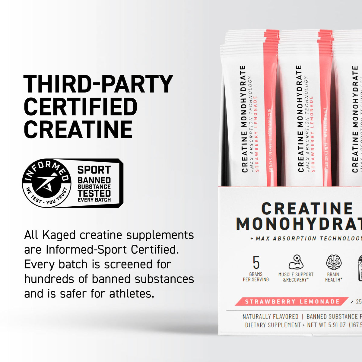 Kaged Creatine Monohydrate + Max Absorption Technology | Micronized Powder Stick Packs | Strawberry Lemonade | Muscle Building & Recovery | Brain Health