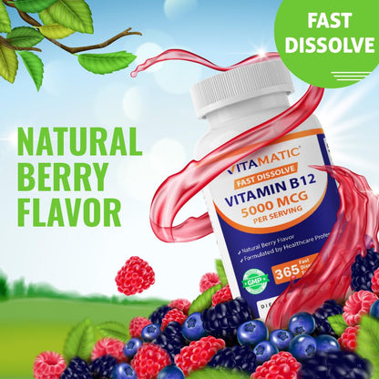 Vitamatic Vitamin B12 5000 mcg – 365 Fast Dissolve Tablets Berry Flavor – Supports Energy Production & Nervous System Health