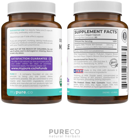 USDA Organic Milk Thistle Capsules - 80% Silymarin Supplement for Liver Support- Super Concentrated 300mg of 30:1 Milk Thistle Extract Equivalent to 9,000mg - Milk Thistle Liver Detox 60 Day Supply PURE CO buy supplements Au