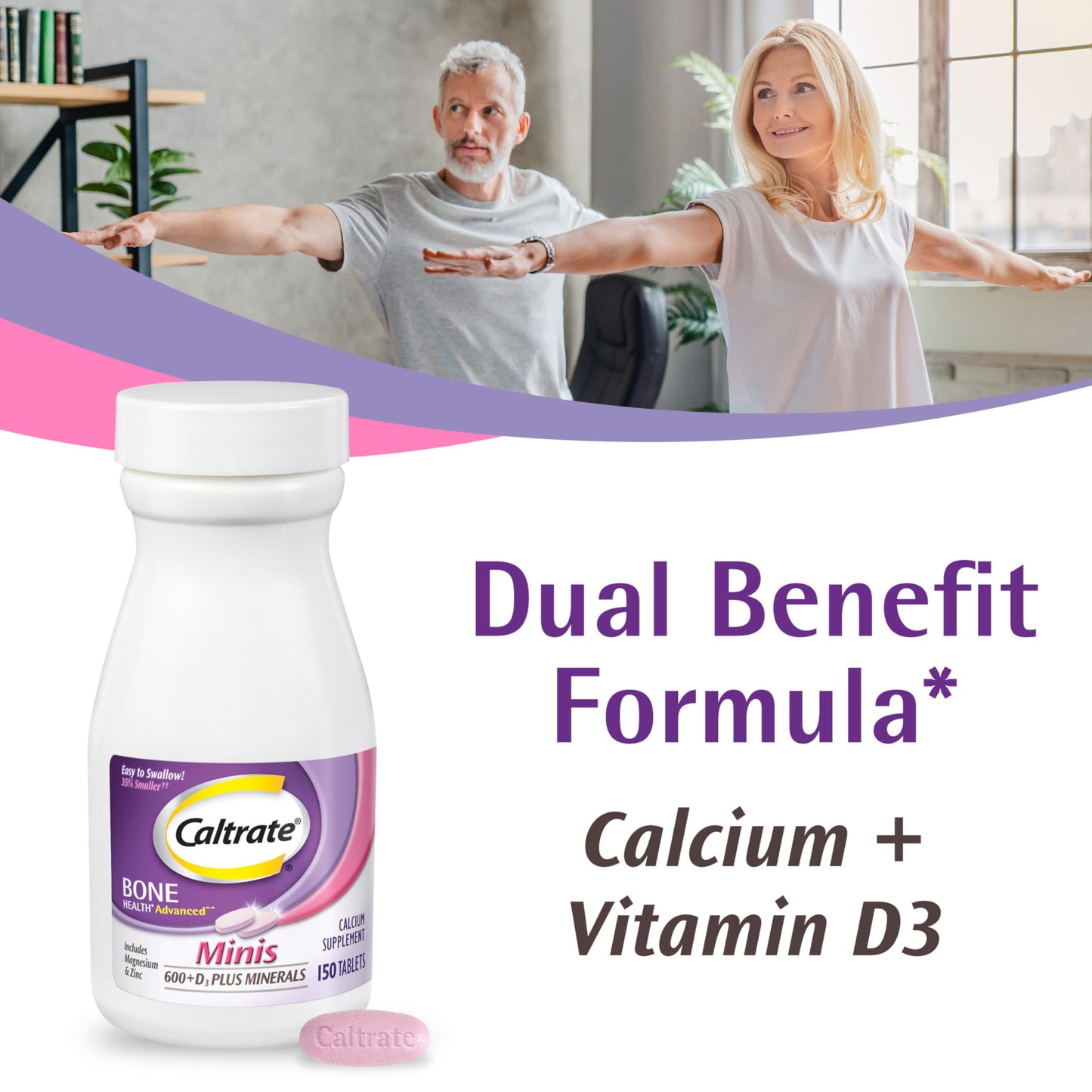 Caltrate Minis 600 Plus D3 Plus Minerals Calcium and Vitamin D Supplement Tablets, Bone Health and Mineral Supplement for Adults - 150 Count