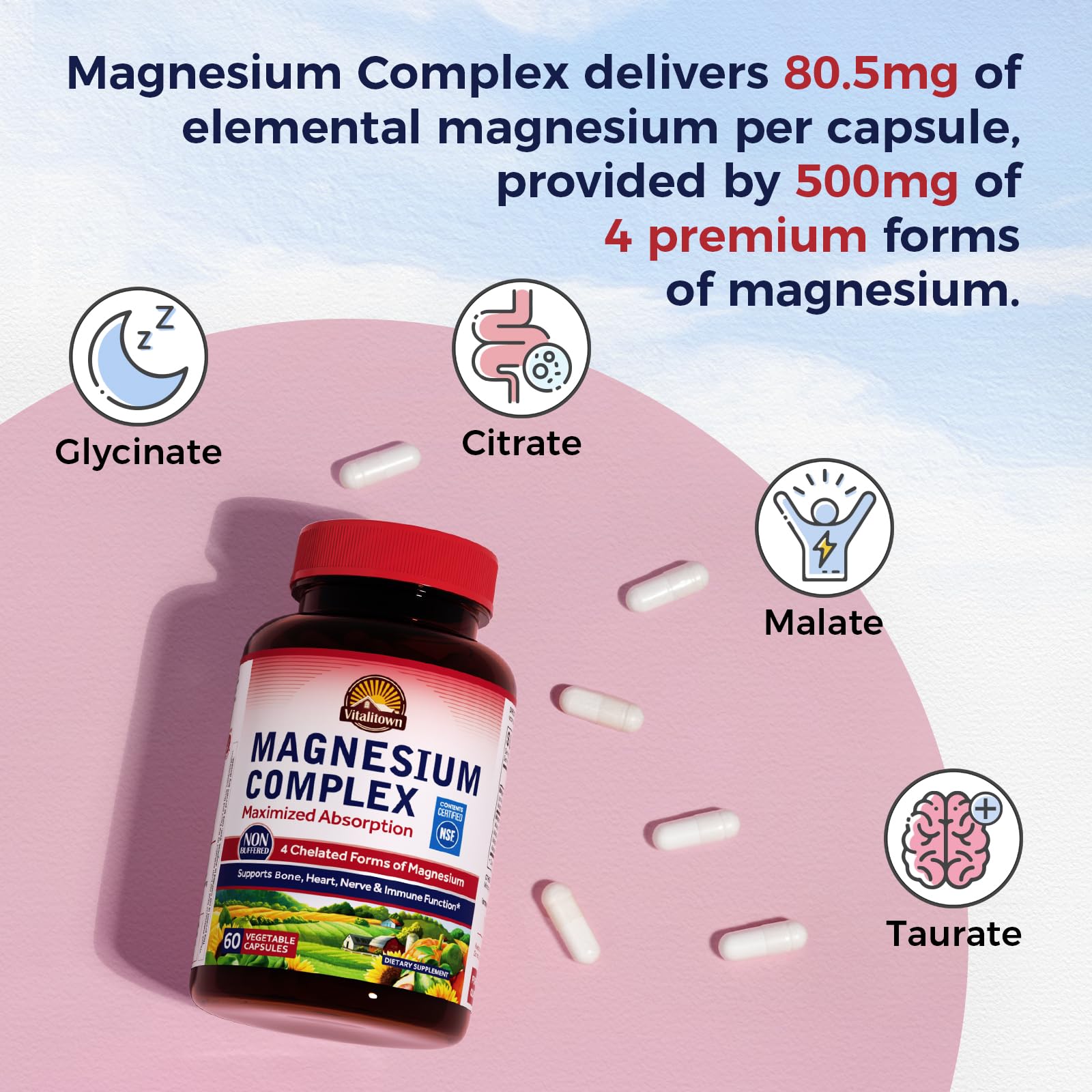 Vitalitown Magnesium Complex Supplement 500mg - NSF Certified Magnesium Glycinate, Malate, Taurate & Citrate - Chelated High Absorption & Gentle on Stomach - Vegan Non-GMO 120 Capsules VITALITOWNBuy Supplements Australia