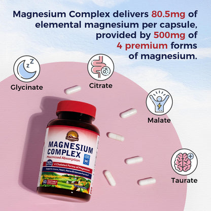 Vitalitown Magnesium Complex Supplement 500mg - NSF Certified Magnesium Glycinate, Malate, Taurate & Citrate - Chelated High Absorption & Gentle on Stomach - Vegan Non-GMO 120 Capsules VITALITOWNBuy Supplements Australia