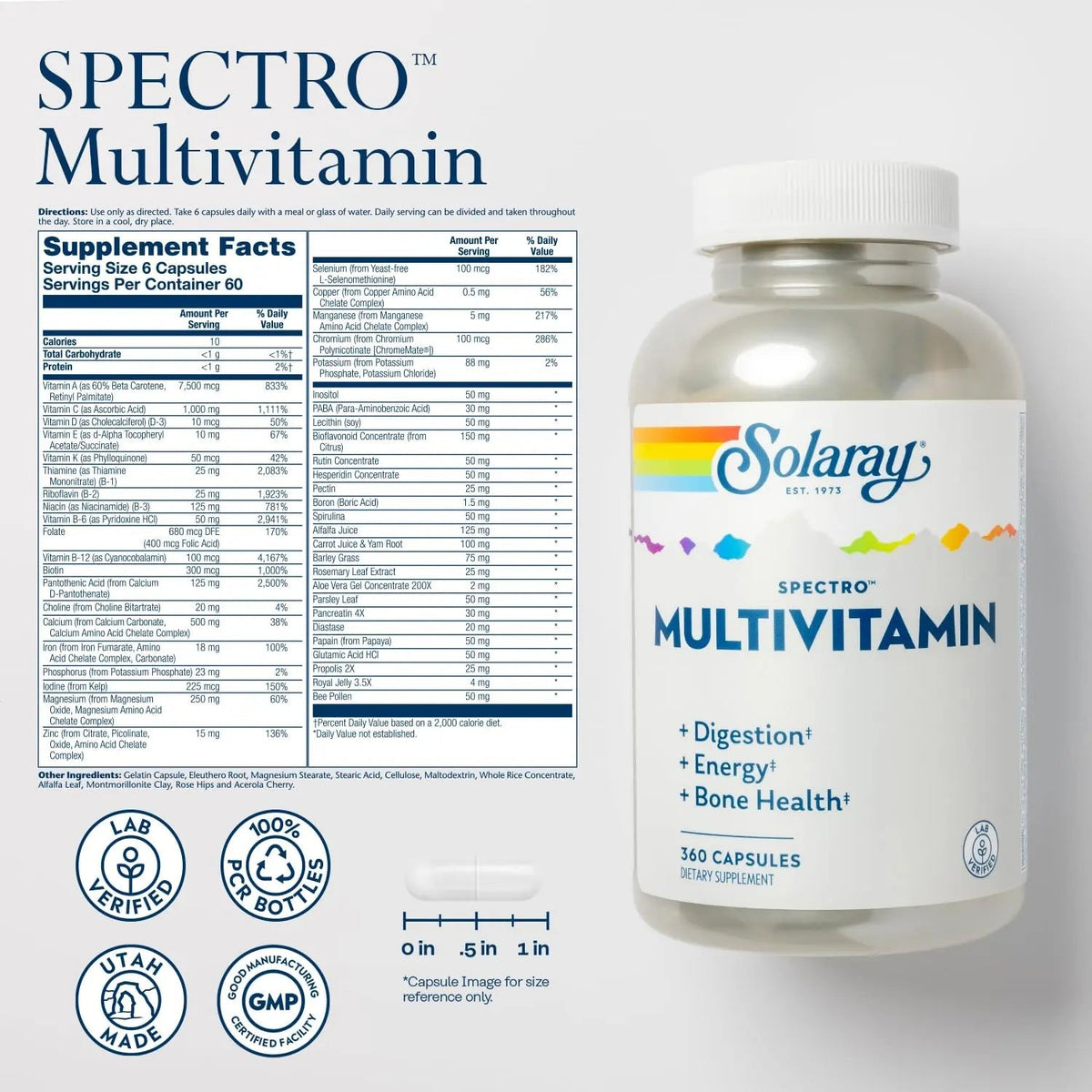 SOLARAY Spectro Multivitamin with Iron - Multi Vitamin with Calcium, Magnesium, Energizing Greens, Herbs & Digestive Enzymes SOLARAY