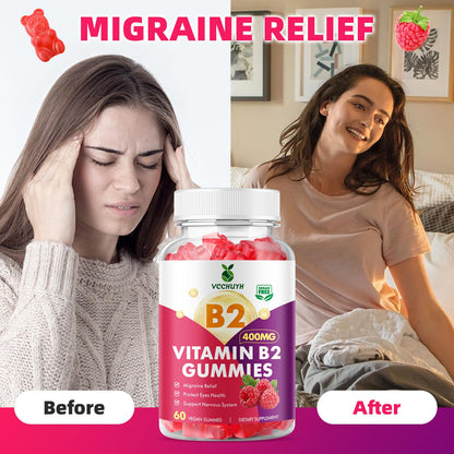 VCCHUYH Vitamin B2 Gummies for Kids & Adults, VIT B2 Riboflavin 400mg Supplement with Magnesium for Migraine Relief & Nervous System Support, Non-GMO,