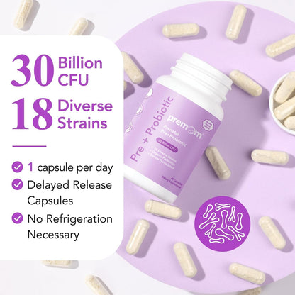 Premom Prenatal Prebiotics & Probiotics for Women, 30 Billion CFU, 18 Strains, Organic Prebiotic & Womens Probiotic, Vaginal, Gut, & Digestive Health + Immune Support Supplement