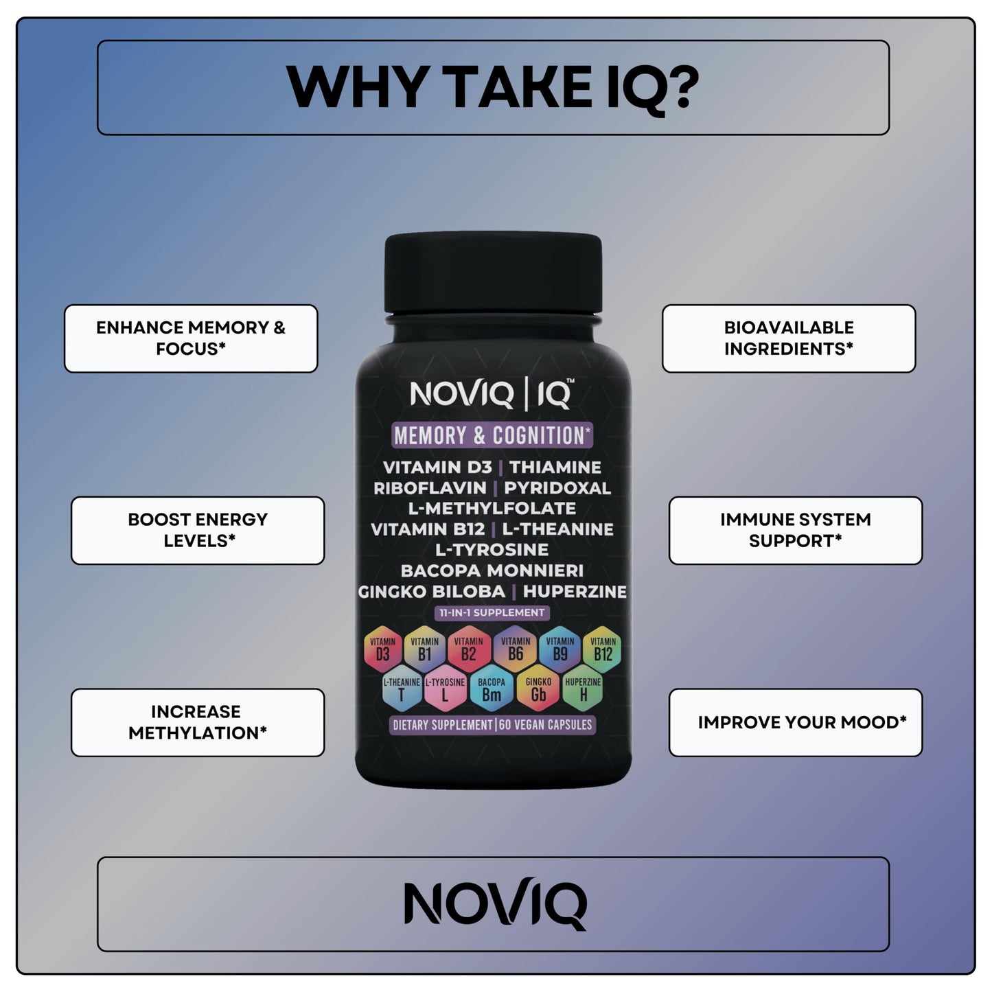 11-in-1 Nootropic Supplement: Supports Memory & Cognition - 100mg Ginkgo 150mg Bacopa 300mcg Huperzine 200mg L-Theanine 150mg L-Tyrosine & Bioactive B-Complex w/ 5-MTHF - 1,100mg+ Serving - 60 Count NOVIQBuy Supplements Australia