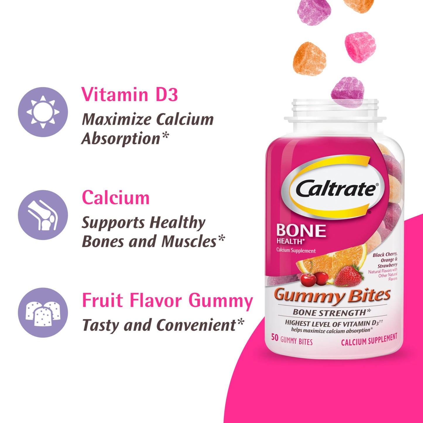 Caltrate Gummy Bites 500 mg Calcium and Vitamin D Supplement, Black Cherry, Strawberry, Orange - 100 Count