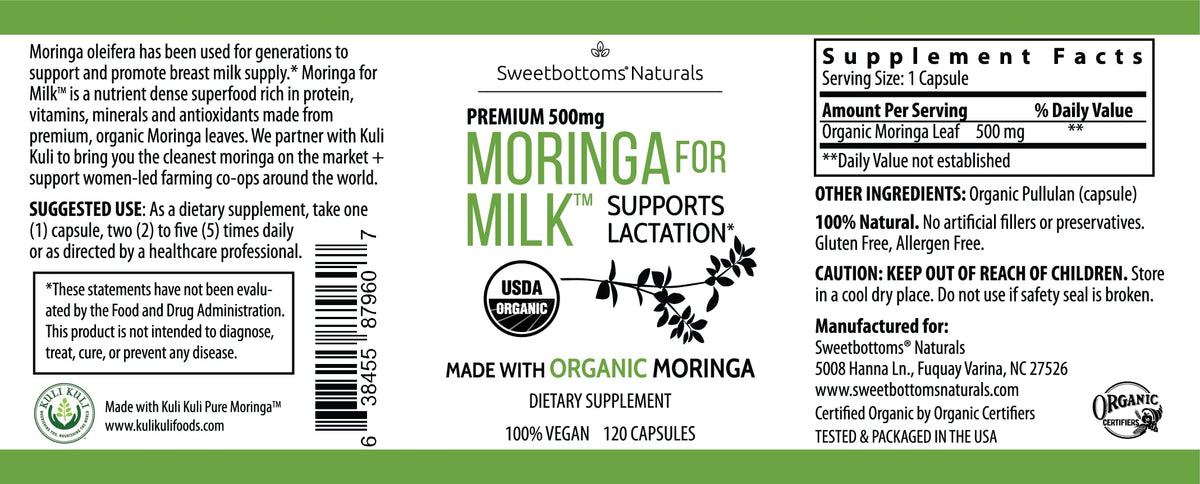 Lactation Supplement - Organic Moringa Capsules for Breastfeeding Support to Increase Breastmilk Supply (120 ct) Pure Malunggay Leaf Powder for Milk Production Booster