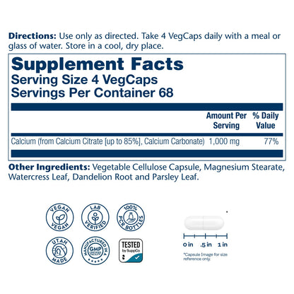 Solaray Calcium Citrate 1000mg - Chelated Calcium Supplement - Supports Bone Strength and Healthy Teeth - Easy to Digest