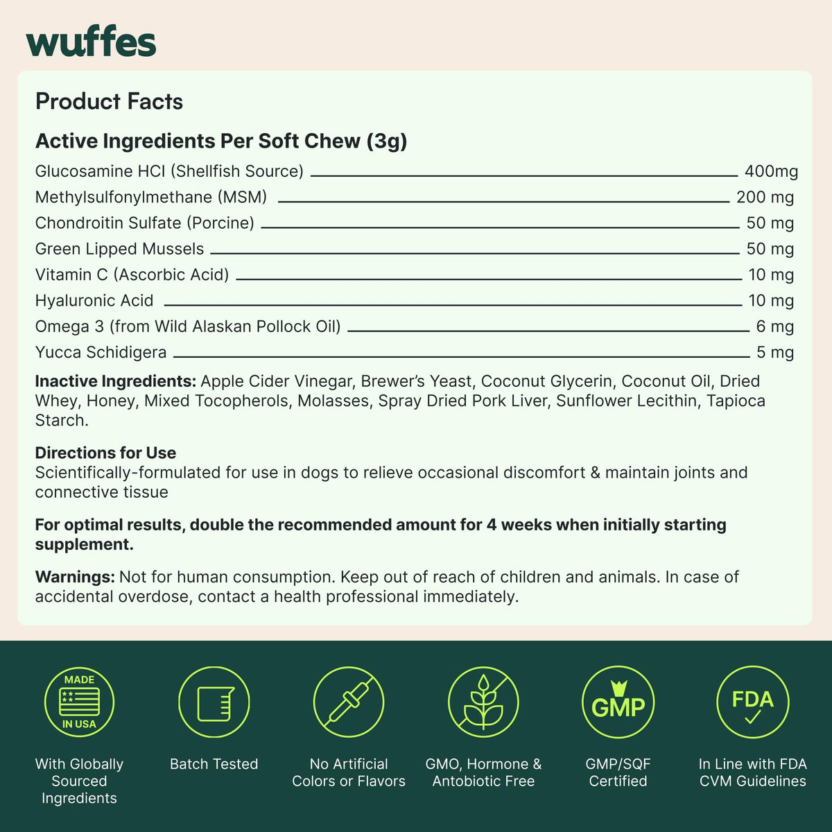 Wuffes Advanced Dog Hip and Joint Supplement with Glucosamine, Chondroitin, Omega 3, MSM, and Green Lipped Mussel, 60 Pork Flavored Chews for Small and Medium Dog Breeds WuffesBuy Supplements Australia