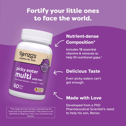 Renzo's Picky Eater Kids Multivitamin with Iron - Dissolvable Kids Vitamins with Iron, Zinc, Vitamin C, Vitamin D, E & K, Sugar-Free Melty Tabs, Orange Flavor
