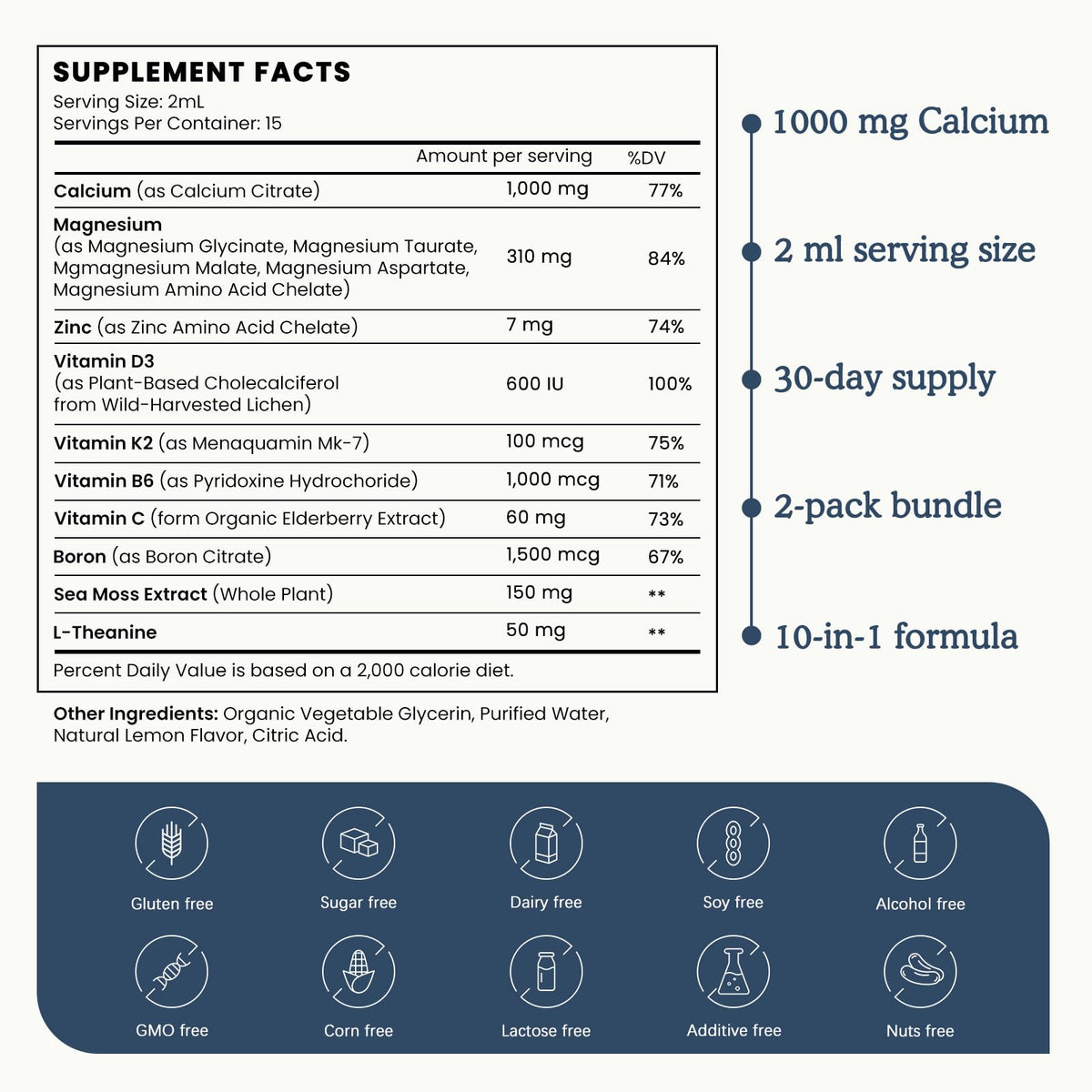 (2 Pack) 10 in 1 Magnesium Calcium Zinc Supplement with Vitamin C D3 K2, Glycinate Mag Vegan Liquid Drops Plus L-Theanine Boron Sea Moss Extract, Immune Support