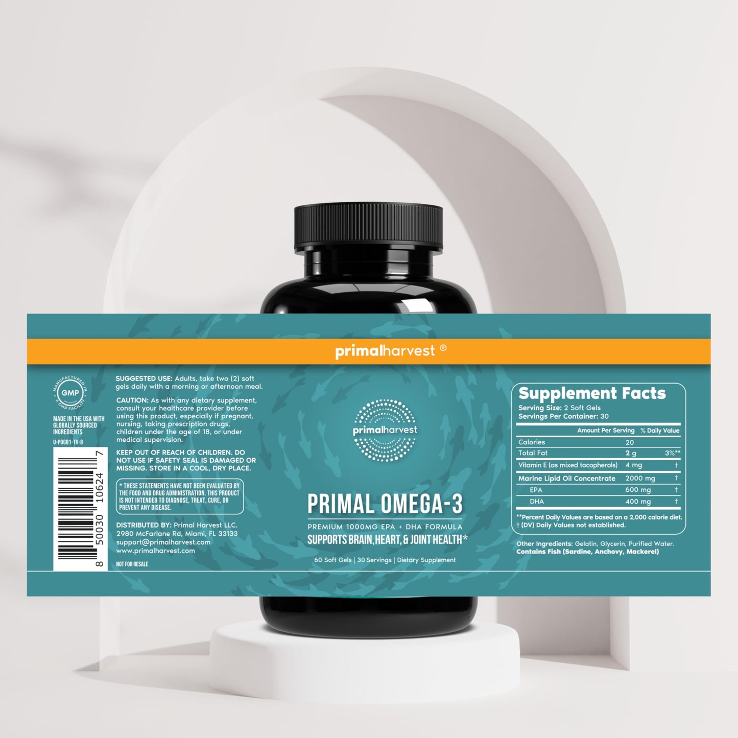 Primal Harvest Omega 3 Fish Oil Supplements, 30 Servings Soft Gels Capsules w/ 1000mg EPA + DHA Supplements, No Fishy Burps Non-GMO Omega 3 Fatty Acid Primal HarvestBuy Supplements Australia