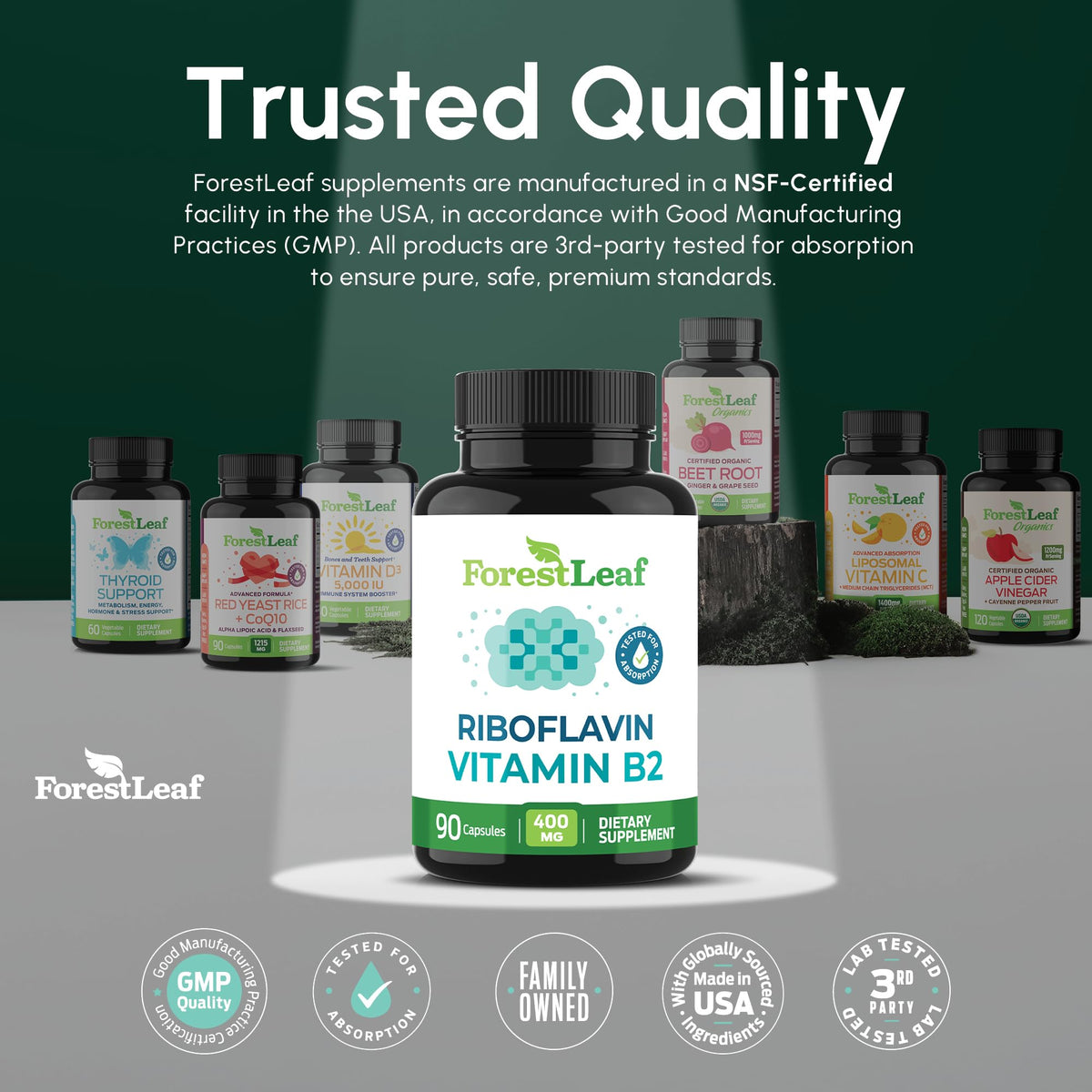 ForestLeaf Vitamin B2 Riboflavin 400mg - Energy, Skin & Cellular Health Supplement - Nervous System Support - Vitamin B 2 VIT B - Non-GMO & Gluten Free