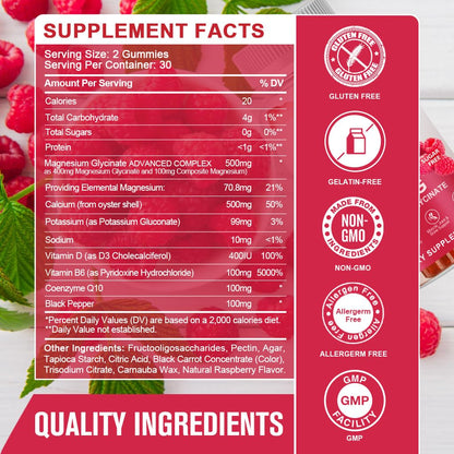 Magnesium Glycinate Gummies 400 mg with 100 mg Composite magnesium - Chelated Magnesium Potassium Supplement with Vitamin D, B6 Supports Calm, Sleep, Memory & Muscle