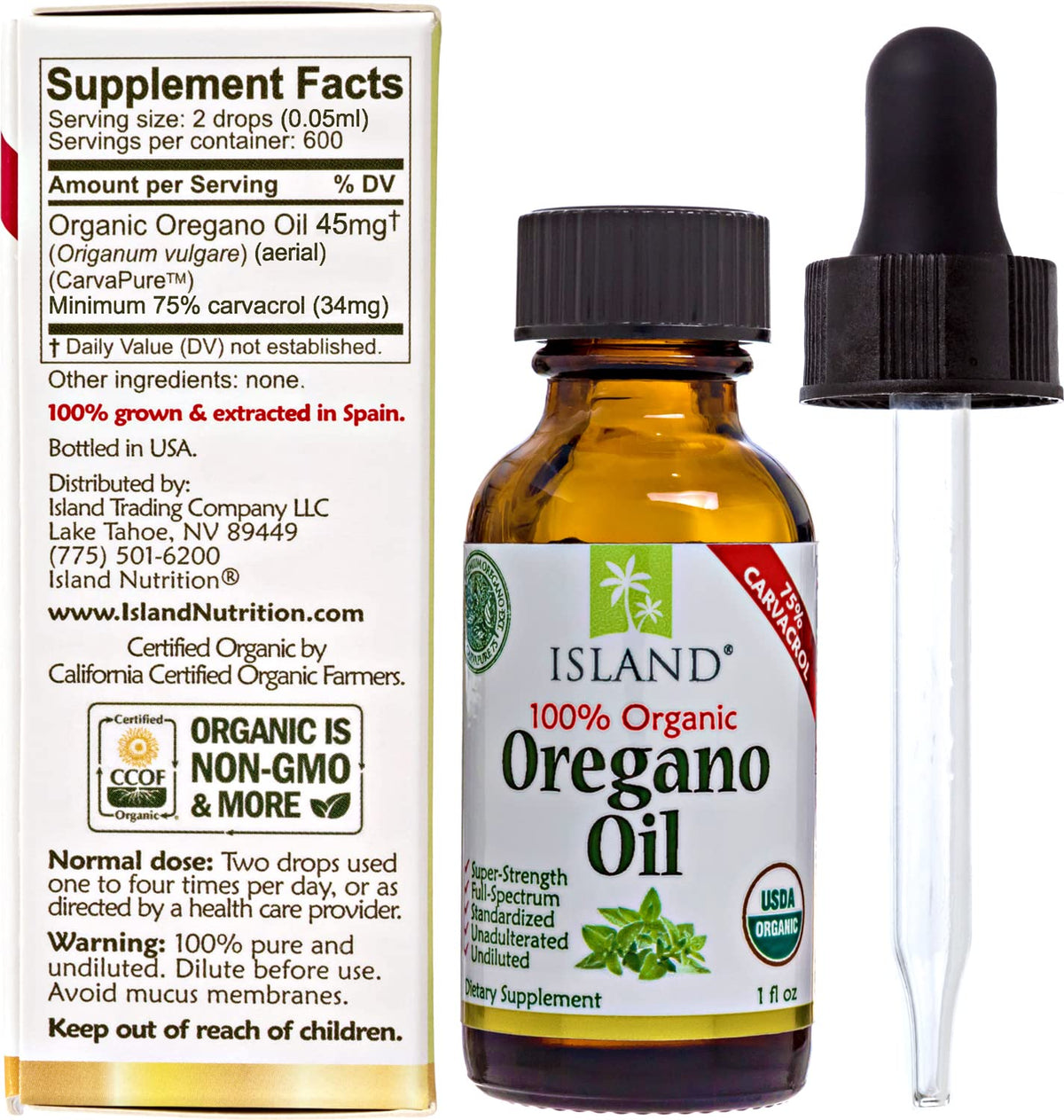 Island Nutrition, Oregano Oil Organic Liquid Drops - 100% Pure & Undiluted - USDA-Certified Organic (1 oz) 75% Carvacrol