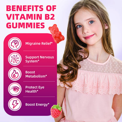VCCHUYH Vitamin B2 Gummies for Kids & Adults, VIT B2 Riboflavin 400mg Supplement with Magnesium for Migraine Relief & Nervous System Support, Non-GMO,