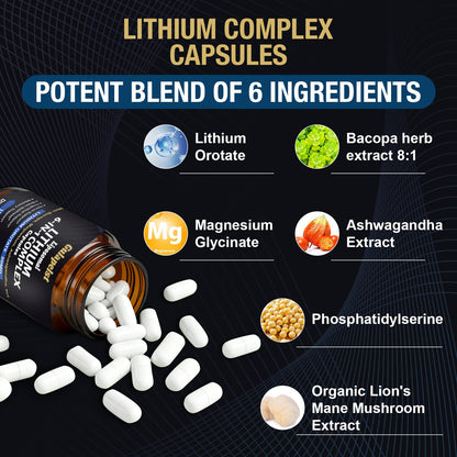Lisopomal Lithium Orotate Complex Capsules, Lithium Orotate 20 mg, Magnesium Glycinate & Ashwagandha, Brain Health Supplements for Cognitive, Mood & Memory