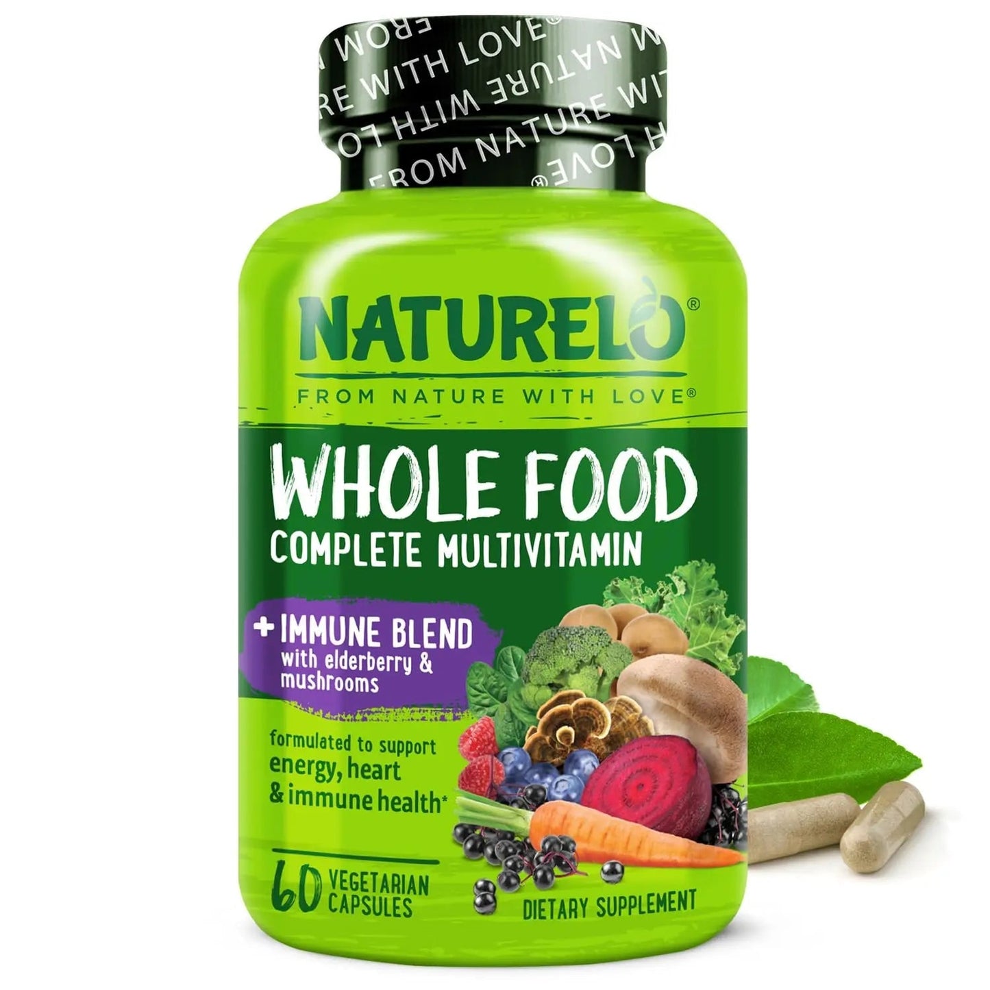 NATURELO Whole Food Multivitamin + Immune Blend with Elderberry & Mushrooms - Complete Multivitamin with Extra Immune Support NATURELO