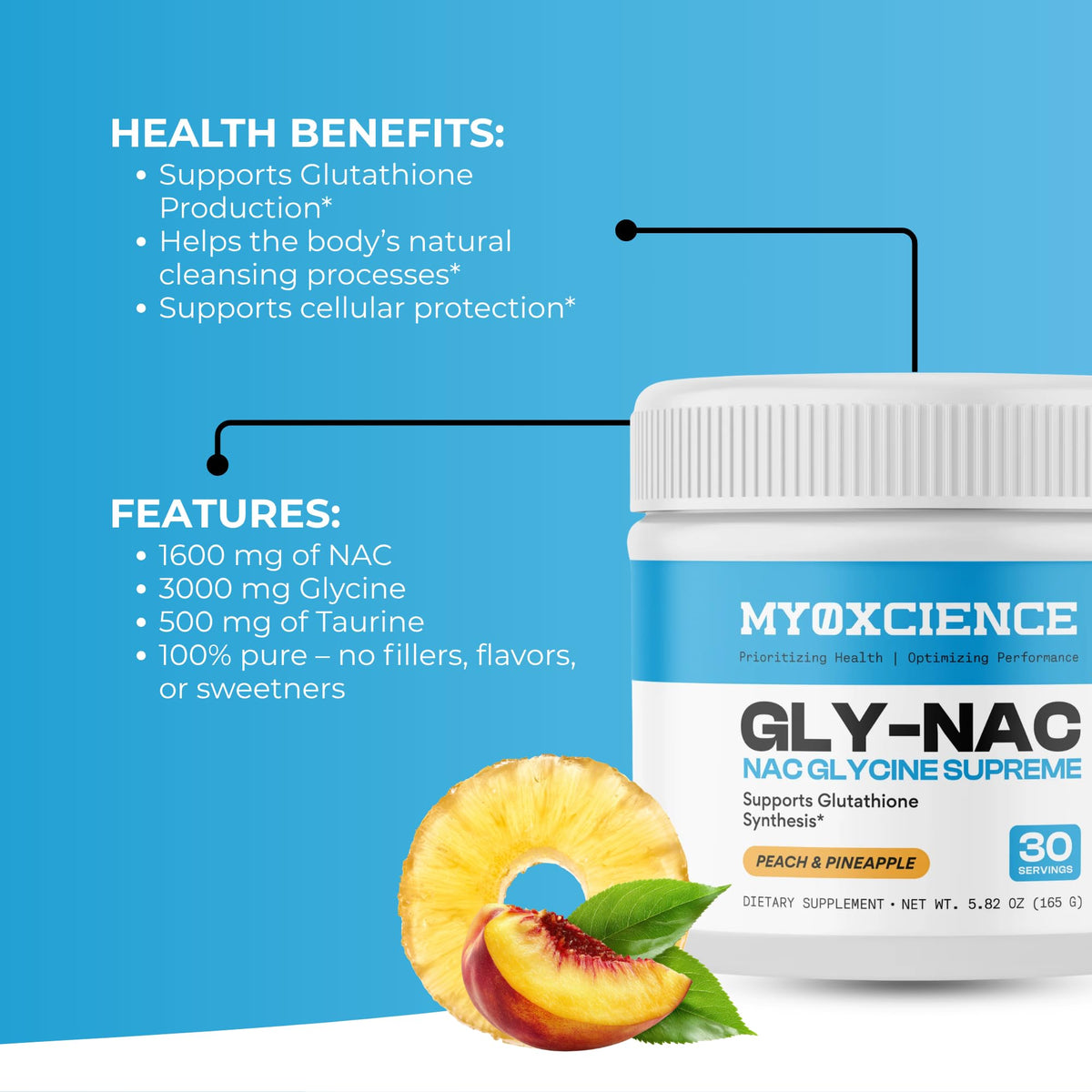 MYOXCIENCE NAC Glycine Supreme | N-Acetyl-L-Cysteine, Glycine, and Taurine Combination (Natural Peach and Pineapple Flavor) (30 Servings) MYOXCIENCE buy supplements Au