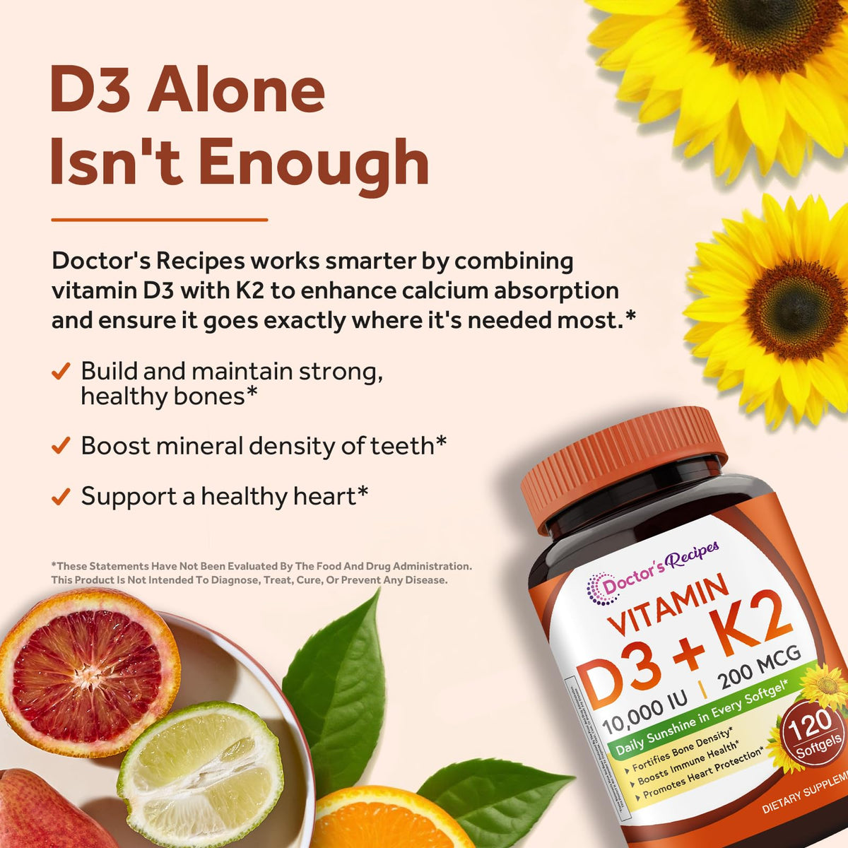 Doctor's Recipes Vitamin D3 K2, 10,000 IU, 200 mcg, MK-7, Strong Bone Density, Teeth, Immune, Heart Support, Energy, Calcium Absorption,